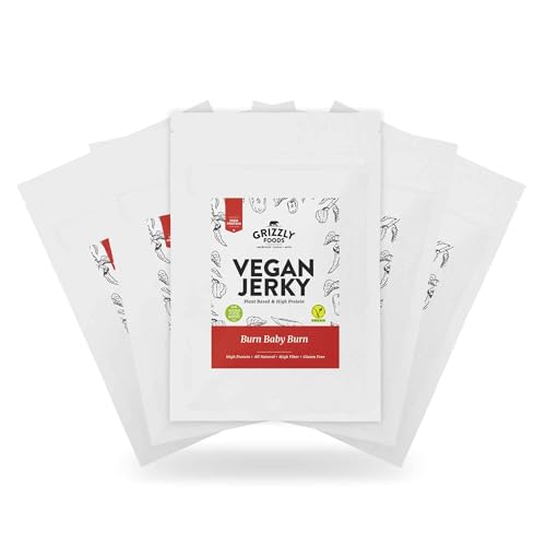 Grizzly Foods • Vegan Jerky Burn Baby Burn (5 x 100g) • Pflanzliches Beef Jerky • Veganes Trockenfleisch • High Protein Snack • Ideal für Unterwegs, Büro, Sport von Grizzly Foods