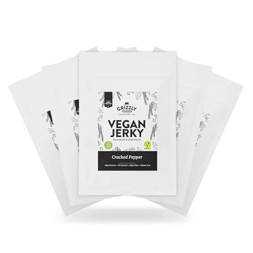 Grizzly Foods • Vegan Jerky Cracked Pepper (5 x 100g) • Pflanzliches Beef Jerky • Veganes Trockenfleisch • High Protein Snack • Ideal für Unterwegs, Büro, Sport von Grizzly Foods