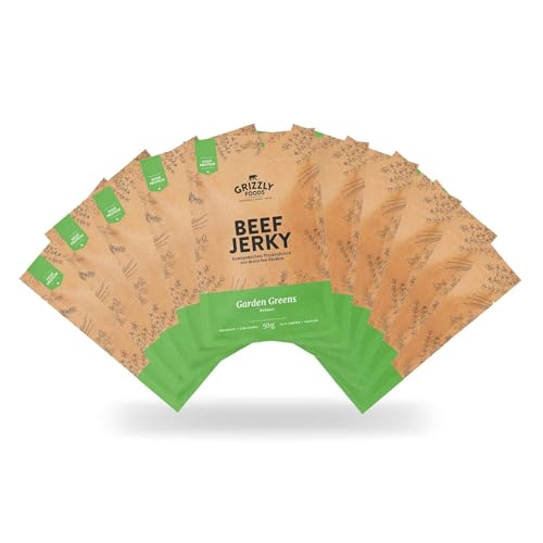 Beef Jerky • Rindfleisch aus Deutschland • Trockenfleisch vom Rind im Set • 10er-Pack • Garden Greens • (10 x 50g = 500g) von Grizzly Snacks