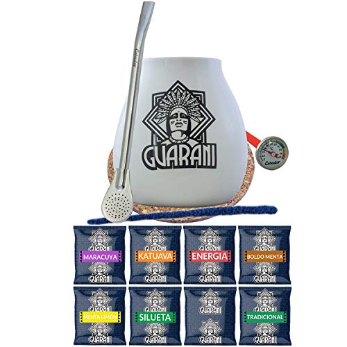 Guarani Tee Set Guarani samples + Ceramic Guarani white Gourd + Bombilla + Cleaner + pad + termometr Yerba Mate Set … von Guarani