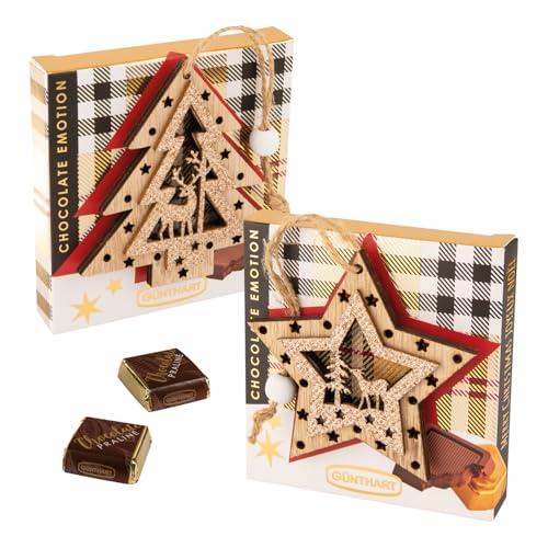 Günthart 10 Stück Pralinenpräsent mit Holzstern und Holztannenbaum mit Dekoration, 1er Pack (458 gr) von Günthart