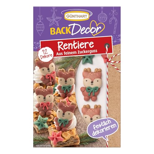 Günthart 12 essbare Dekore als Rentiere in zwei Varianten und Sterne aus feinem Zuckerguß, 1er Pack (18 gr) von Günthart