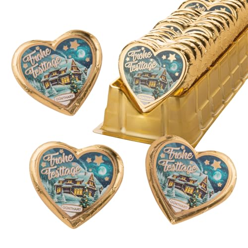 Günthart 40 Stück Schokolade Pralinenherzen Frohe Festtage zu Weihnachten in goldenere Folie eingepackt, 1er Pack (960 gr) von Günthart