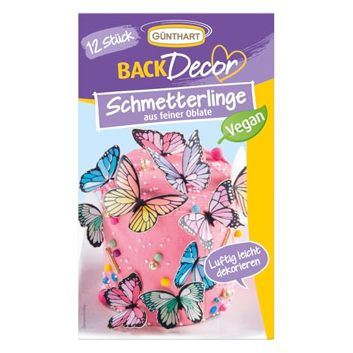 Günthart BackDecor 12 bunte Schmetterlinge aus Oblaten, in verschiedenen Farben und Größen, 3D Schmetterling Effekt | 100% VEGAN, 1er Pack (1 x 5 g) von Günthart