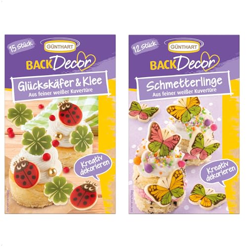 Günthart BackDecor 15 Glückskäfer und Kleeblätter sowie 12 Schmetterlinge aus weißer Kuvertüre SET, 2er Pack (1 x 31 g) von Günthart