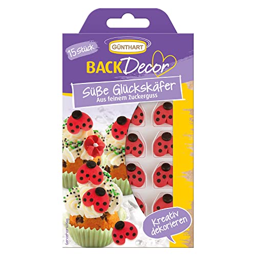 Günthart BackDecor 15 Stück süße Glückskäfer aus feinem Zuckerguss als essbare Zucker Marienkäfer geeignet für Dekoration auf Torten, Kuchen und CupCakes, (1er Pack 19 gr) von Günthart