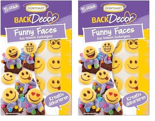 Günthart BackDecor 15 Zucker Funny Faces gelb aus Zucker mit lustigen Aufdruck (Packung mit 2) von Günthart