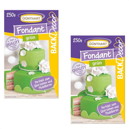 Günthart BackDecor 2 x 250 gr grün Fondant, 100% Vegan, Palmölfrei, Reißfest zum überziehen von Torten und Kuchen, zum Modellieren geeignet, 1er Pack (1 x 500 gr) von Günthart