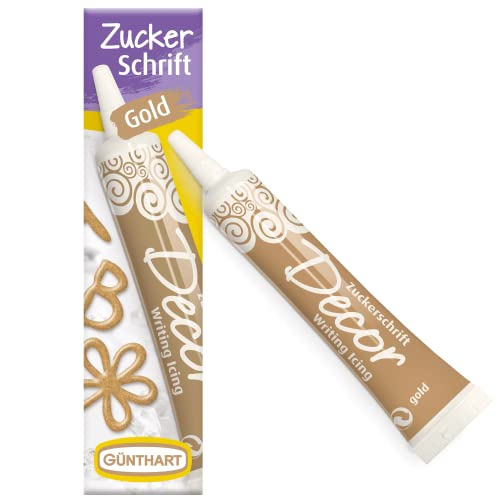 Günthart BackDecor 25 gr Zuckerschrift GOLD für jegliche Süßspeisen in goldener Farbe aus Zucker für schöne Schriftzüge und Muster, 1er Pack (25 gr) von Günthart