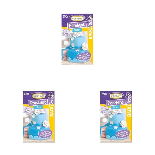 Günthart BackDecor 250 gr blau Fondant, 100% Vegan, Palmölfrei, Reißfest zum überziehen von Torten und Kuchen, zum Modellieren geeignet, 3er Pack (1 x 250 g) von Günthart