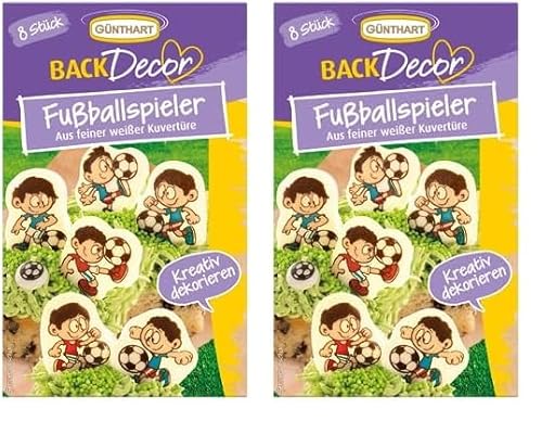 Günthart BackDecor 8 essbare Schoko Fußballer aus weißer Schokolade, Schokoladenaufleger mit Fußballmotiven für Torten und Cupcakes, 2er Pack (18 gr) von Günthart