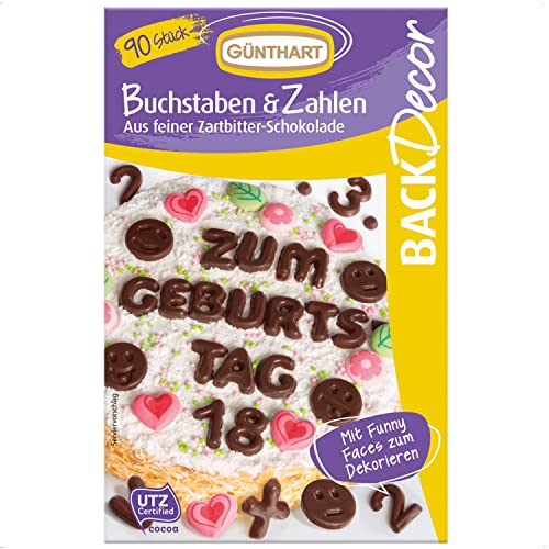 Günthart BackDecor 90 Stück Schokoladen Buchstaben, Alphabet und Zahlen aus feiner Zartbitter Schokolade, essbare Zahlen essbare Buchstaben für Torten und CupCakes, 1er Pack (47 g) von Günthart