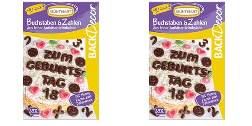 Günthart BackDecor 90 Stück Schokoladen Buchstaben, Alphabet und Zahlen aus feiner Zartbitter Schokolade, essbare Zahlen essbare Buchstaben für Torten und CupCakes, 2er Pack (47 g) von Günthart