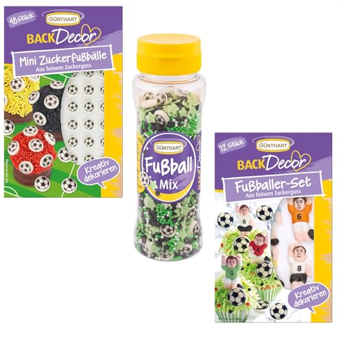 Günthart BackDecor Fußball Set 48 Mini Fußbälle, Zucker Fußballer und Fußball Streusel Mix aus Zucker aus 3 essbare Zucke Dekoration von Günthart