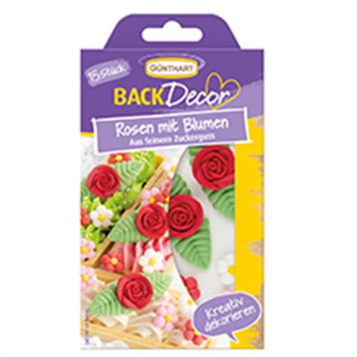 Günthart BackDecor | Rosen mit Blumen | aus feinem Zuckerguss | in den Farben Rosa, Rot und Pink | für Kuchen und CupCakes | zum Dekorieren von Günthart