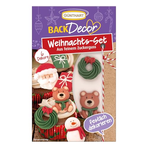 Günthart BackDecor Weihnachts Set mit 6 weihnachtliche essbare Zucker Figuren, Schneemann, Bär, Nikolaus, Geschenk und Kranz, 1er Pack (18 gr) von Günthart