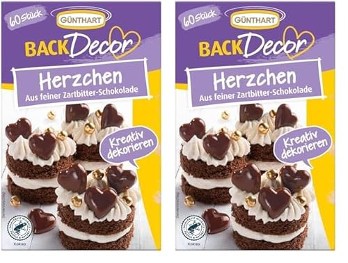 Günthart BackDecor | feine Decor Herzen | aus Zartbitter Schokolade | für deine Kuchen und CupCakes | zum Valentinstag (Packung mit 2) von Günthart