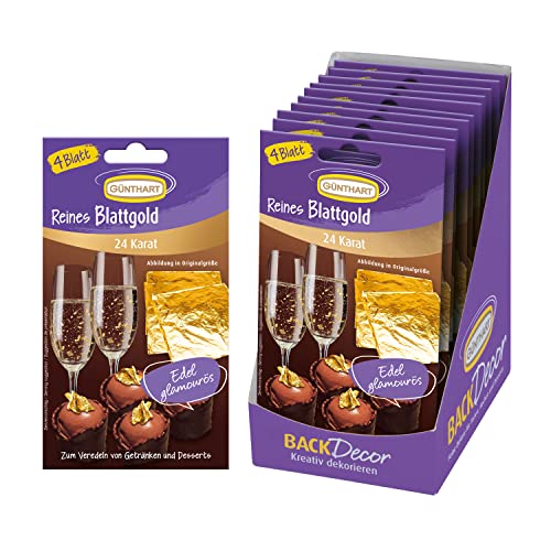 Günthart BackDecor reines Blattgold | VKE 10 x 4 Blatt | 10 Packungen mit jeweils 4 Blattgold Blättern | Dekoration für Pralinen, Süßspeisen und Getränke wie zum Beispiel Sekt von Günthart