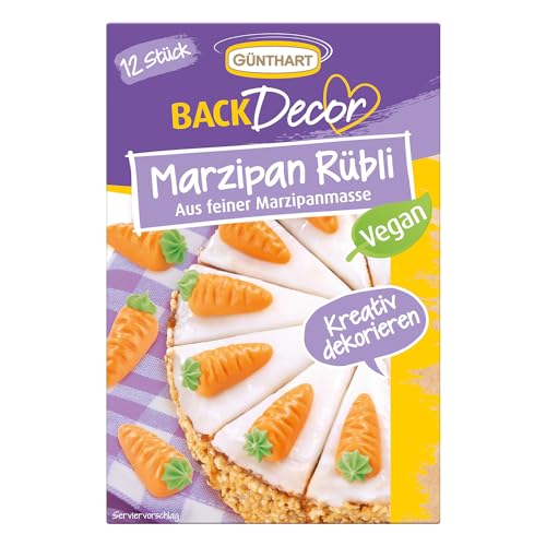 Günthart Backdecor 12 Stück Marzipan Rübli VEGAN, Ruebli aus feinem Marzipan, mit grünem Zucker Strang, er Pack (1 x 40 g) von Günthart