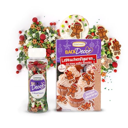 Günthart Backdecor Lebkuchen Set - Weihnachten Figuren (15 Stück) aus weißer Kuvertüre + Schokostreusel X-Mas Classic (100g) – Tortendeko essbar für weihnachtliches Gebäck, Lebkuchenhaus & Plätzchen von Günthart