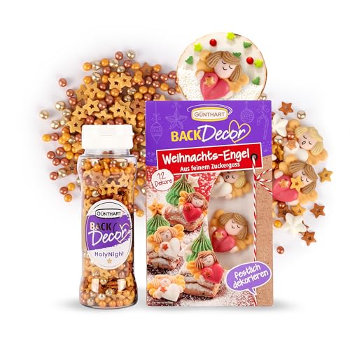 Günthart Backdecor Zuckerdeko Set: 12 Stück Essbare Tortendeko (8 Sterne & 4 Engel) aus feinem Zuckerguss + Streudekor Holy Night 100g Streusel – für Weihnachten, Plätzchen, Lebkuchenhaus & Muffins von Günthart