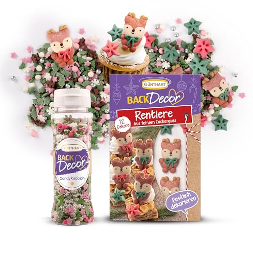 Günthart Backdecor Zuckerdeko Set: 12 Stück Essbare Tortendeko (8 Sterne & 4 Renntiere aus feinem Zuckerguss + Streudekor Candy Rudolph 100g Streusel – für Weihnachten, Plätzchen & Lebkuchenhaus von Günthart