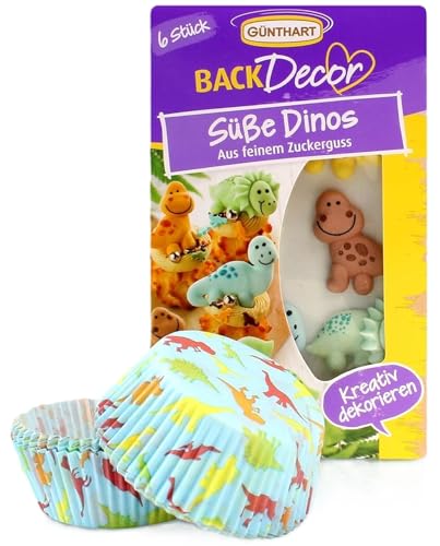 Günthart Backdecor süße Dinos & Muffinförmchen 50 Stück, Backdekorationen, Muffinförmchen aus Papier & Dino-Zuckerdekor zum Backen von Cupcakes & Muffins, ideal für Kinder-Geburtstage von Günthart