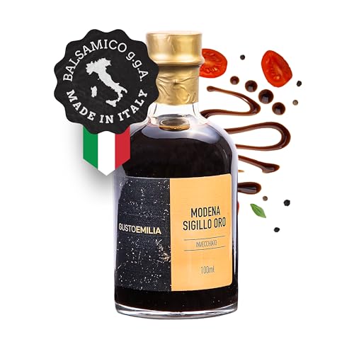 GUSTOEMILIA Gereifter Aceto Balsamico di Modena IGP - Gold-Siegel Italienischer Balsamico Essig - Perfekte Kombination mit gereiftem Parmigiano Reggiano - Hergestellt in Italien 3,38 Fl Oz (100 ml) von Gustoemilia