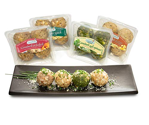 GUSTOS - Knödelverkostung, 4 Packungen Knödel von Gustos: Speckknödel, Pfifferlingsknödel, Spinatknödel und Käseknödel, hergestellt nach traditionalem Rezept der Südtiroler Küche von Gustos Südtirol