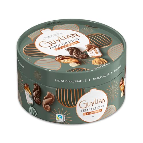 GuyLian Temptations Weihnachtsdose, 175g, Geschenkbox Metalldose mit 12 Belgischen Pralinen in 6 Sorten, Fairtrade zertifiziert, Weihnachtliche Verpackung aus Belgien für die Adventszeit von GuyLian