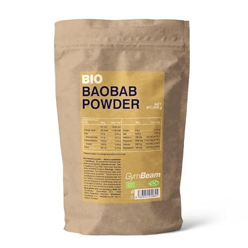 GymBeam Baobab Pulver - BIO Baobab Pulver, veganes Fruchtpulver, reich an Ballaststoffen, ideal für Getränke & Mahlzeiten, nährstoffreiches Superfood aus der Frucht des Baobabbaums, 200 g von GymBeam