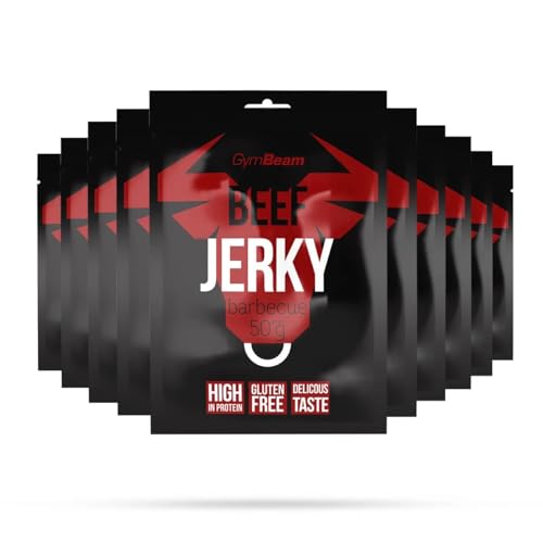 GymBeam Beef Jerky – Hochwertiger Fleischsnack aus Premium-Rindfleisch, gluten- und laktosefrei, mit hohem Eiweißgehalt, ideal für Sportler, lange Haltbarkeit (10x50 g, Barbecue) von GymBeam