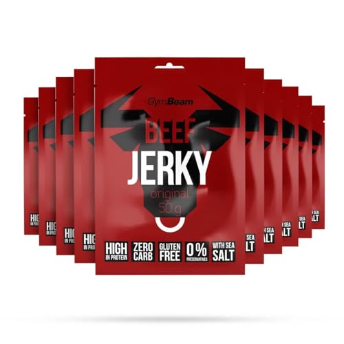 GymBeam Beef Jerky – Hochwertiger Fleischsnack aus Premium-Rindfleisch, gluten- und laktosefrei, mit hohem Eiweißgehalt, ideal für Sportler, lange Haltbarkeit (10x50 g, Original) von GymBeam