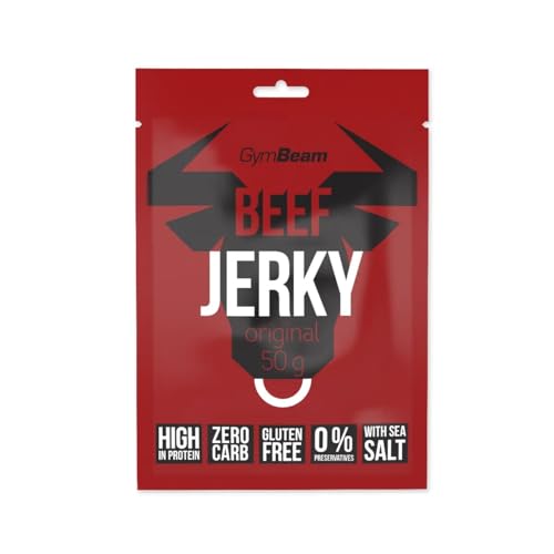 GymBeam Beef Jerky – Hochwertiger Fleischsnack aus Premium-Rindfleisch, gluten- und laktosefrei, mit hohem Eiweißgehalt, ideal für Sportler, lange Haltbarkeit (50 g, Original) von GymBeam