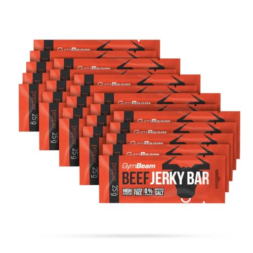 GymBeam Beef Jerky-Riegel - Leckerer Snack aus Premium-Rindfleisch, hoher Proteingehalt, geringer Fettanteil, glutenfrei, ohne Konservierungsstof (25x25 g, Peppered) von GymBeam