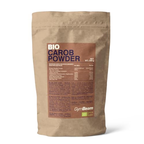 GymBeam Carobpulver BIO - Premium Johannisbrotkernmehl, natürliche Alternative zu Kakao, zarter süßer Geschmack, reich an Ballaststoffen, ohne Zusatzstoffe, ideal für vegane Ernährung, 200 g von GymBeam