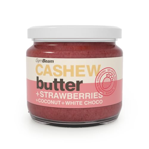 GymBeam Cashewcreme mit Erdbeeren - Cashewbutter mit Kokosnuss und weißer Schokolade, zarte cremige Konsistenz, ohne Palmöl, GVO & Gluten, ideal für Porridge Bowls, Desserts und Smoothies, 340 g von GymBeam