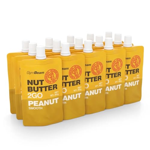 GymBeam Erdnussbutter 2GO - Praktische Erdnussbutter Quetschpackung mit Mundstück, Erdnussmus für Reisen & Wandern, Quelle gesunder Fette & Proteine, wiederverschließbar, Ballaststoffreich, 15 x 80 g von GymBeam