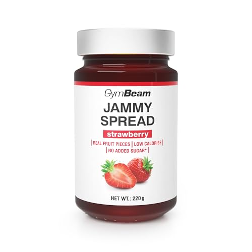 GymBeam Jammy Spread - Geleeaufstrich ohne Zucker, Fruchtaufstrich mit Fruchtstücken, fettfrei, kalorienarm, ideal zum Abnehmen, köstlich süß, perfekt für Brot, Breie & Desserts (220 g, Erdbeere) von GymBeam