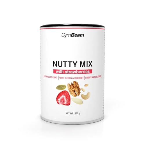 GymBeam Nutty Mix mit gefriergetrockneten Erdbeeren, Samen & Kokosflocken - Veganer Snack, laktosefrei, GVO-frei, ideal für Joghurt & Porridge, unterstützt den Cholesterinspiegel, 300 g von GymBeam