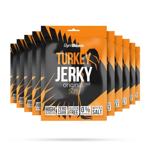 GymBeam Turkey Jerky – Proteinreicher Trockenfleisch-Snack aus 100% Putenfleisch, exzellenter Geschmack, minimales Fett, keine Kohlenhydrate, unterstützt den Muskelaufbau (50 g (10er pack)) von GymBeam