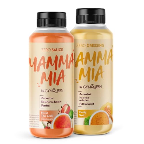 GymQueen Mamma Mia Zero Sauce 2x265ml, Sweet Thai Chilli + Honig Senf, kalorienreduziert, ohne Fett & ohne Zuckerzusatz, zum Verfeinern von Gerichten oder als Salat-Dressing von GymQueen