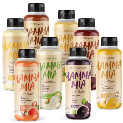 GymQueen Mamma Mia Zero Sauce 8x265ml, Mix-Paket mit 8 Sorten, kalorienreduziert, ohne Fett & ohne Zuckerzusatz, zum Verfeinern von Gerichten oder als Salat-Dressing von GymQueen