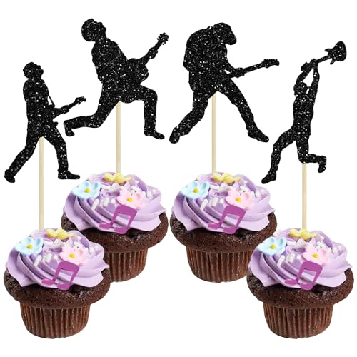 Gyufise 24 Stück Rock Band Cupcake Toppers Black Glitter Rock Pop Music Theme Cupcake Picks Musik Kuchen Dekorationen für Musik Konzert Thema Geburtstag Party Supplies von Gyufise