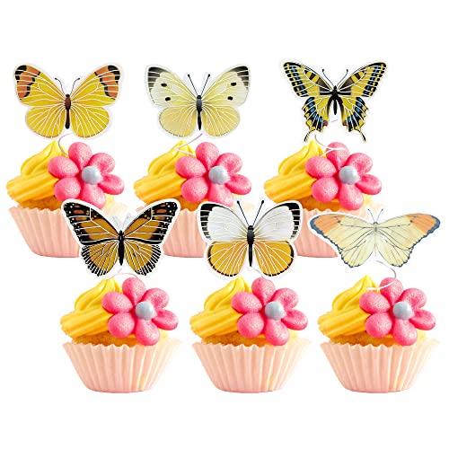 Gyufise 36 Stück Schmetterling Cupcake Topper Lively Art 3D Schmetterling Cupcake Dekorationen Schmetterling Kuchen Topper für Mädchen Frauen Happy Birthday Hochzeit Party Kuchen Wand Party Essen Dekorationen Gelb von Gyufise