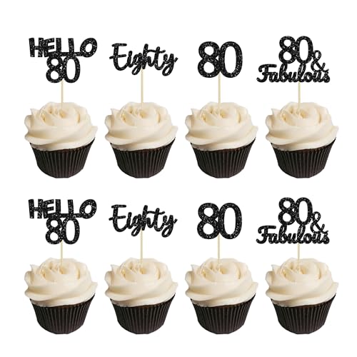 Gyufise Cupcake-Topper zum 80. Geburtstag, Hello 80, Kuchendekoration, 80 Stück, Schwarz von Gyufise