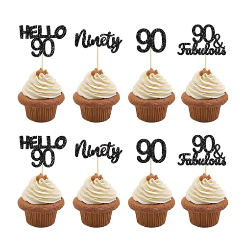 Gyufise Cupcake-Topper zum 90. Geburtstag, Hello 90, Kuchendekoration 90, Schwarz, 24 Stück von Gyufise