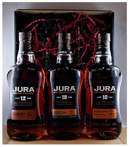 3 Flaschen Jura 10 Jahre + 12 Jahre + 18 Jahre Single Malt Whisky im Geschenk Karton von H-BO