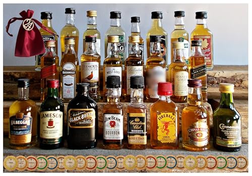 Adventskalender 24 Original Whisky Miniaturen je 50ml/40ml + 24 Edelschokoladen + 24 Satinbeutel + 24 Holznummern von H-BO