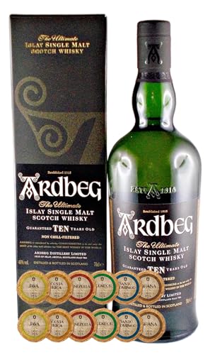 Ardbeg Ten Islay Single Malt Whisky mit 12 Edelschokoladen in 6 Sorten von H-BO